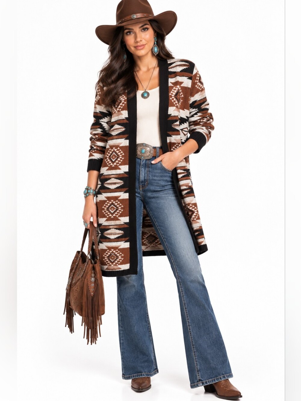 Shyanne Aztec Southwestern Long Cardigan Sweater L Geometric Open Front Duster